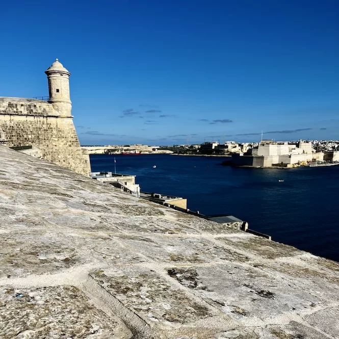 Views from Herbert Ganado Garden - a fortress overlooking the sea with clear blue skies.