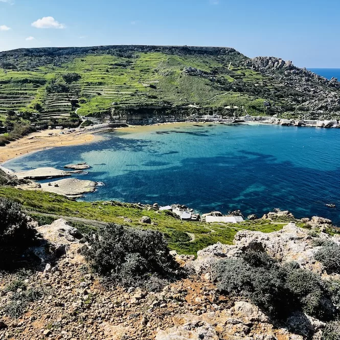 Scenic view of a lush, terraced hillside descending into a beautiful Gnejna Bay with clear, azure waters. The natural cove is framed by greenery and rugged terrain. On the shore there are small boat houses.