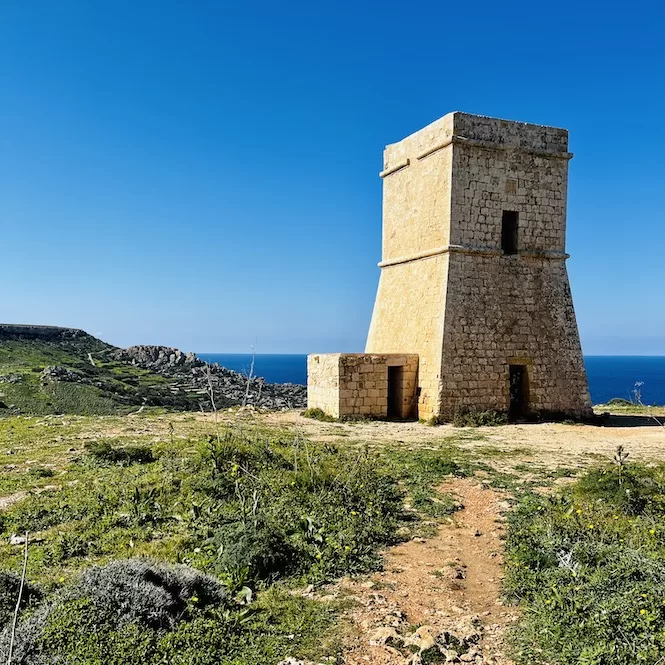 Ancient limestone watchtower called Lippija Tower standing sentinel on a rugged coastline, with a footpath leading to its entrance. The clear blue sky and distant horizon where sea meets sky provide a serene backdrop to this historical structure amidst the wild, green landscape.