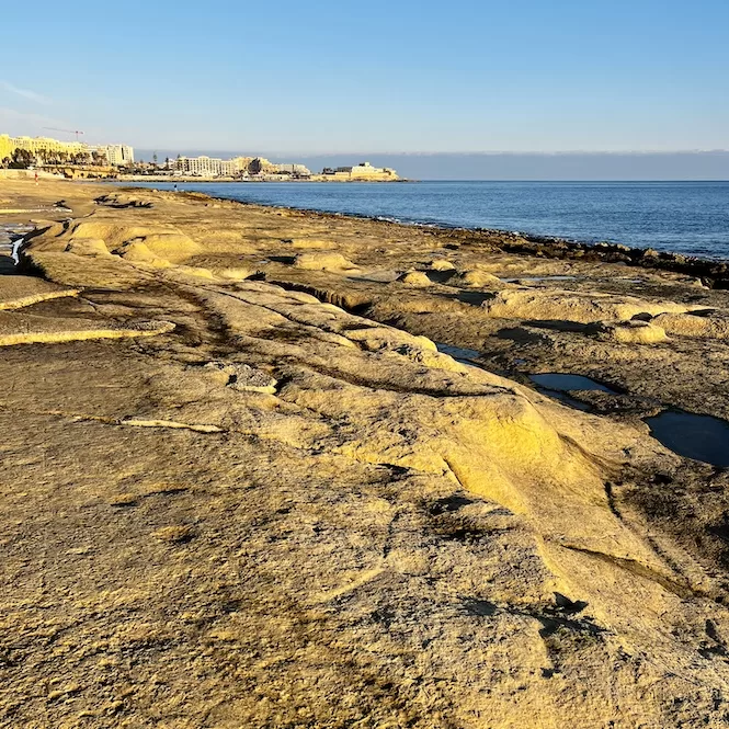 a rocky beach bathed in sunlight, with rugged terrain extending towards the calm sea. In the distance, buildings can be seen along the coastline in Sliema, Malta.