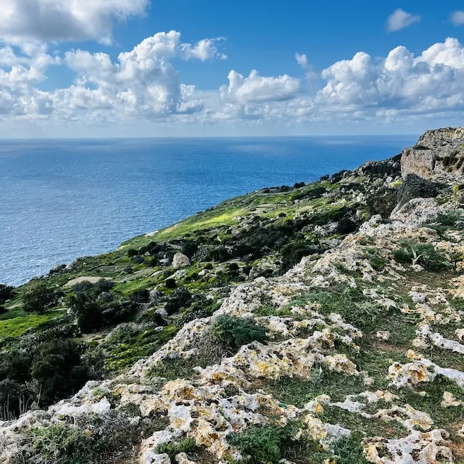 A breathtaking view of the Dingli Cliffs in Malta, overlooking the vast expanse of the Mediterranean Sea under a partly cloudy sky. This popular tourist attraction features rugged limestone cliffs and lush greenery, offering stunning panoramic vistas and a serene natural landscape.