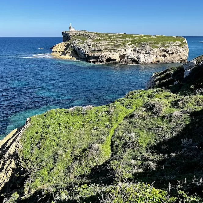 Grassy cliffs overlooking the sea near Imġiebaħ Beach, Malta, with St. Paul's Island in the distance, topped by a statue.





