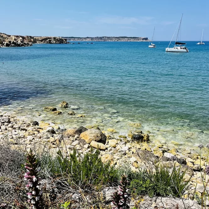 A serene coastal scene with clear turquoise waters and sailboats in the distance. Imgiebah Beach features rocky shorelines interspersed with patches of sand and vibrant vegetation. 