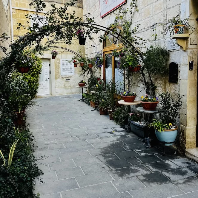 A quaint narrow street in Rabat, Malta, adorned with colourful potted plants and flowers.