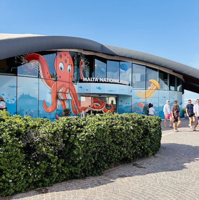 Exterior view of the Malta National Aquarium in Bugibba, featuring a colorful mural with an octopus and jellyfish on the glass facade, with visitors walking outside on a sunny day.