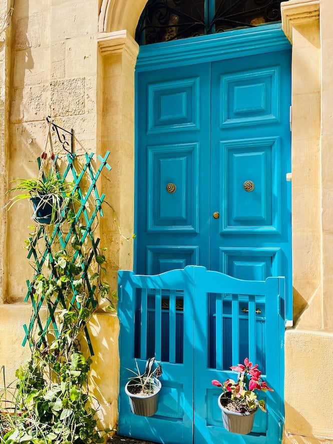 Limestone walls and bright blue doors with small goat gates adorned with hanging plants, seen during a free walking tour of the Three Cities in Malta.