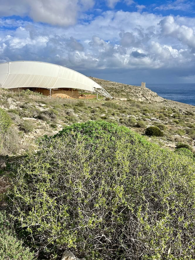 The image shows the Mnajdra Temples, an important prehistoric site in Malta. We can see a large, white protective canopy covering the ancient stone structures. This modern shelter helps preserve the delicate megalithic ruins from the elements.