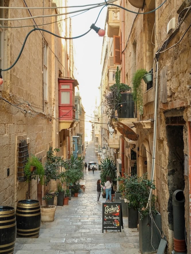A lively, sloping street in Valletta, Malta, lined with plants, colorful balconies, and traditional Maltese architecture—showing why exploring Valletta’s streets is one of the top free things to do in Malta.